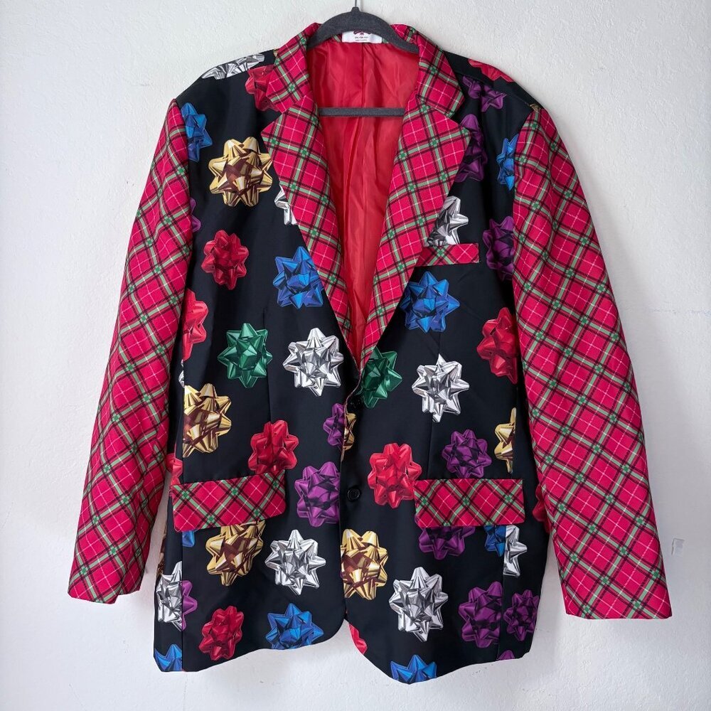 Holiday Time Mens Festive Plaid & Gift Bow Christmas Blazer Jacket Size 2XL